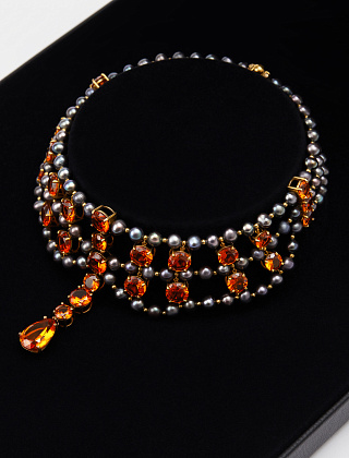 Black Pearl and Orange Cubic Zirconia Necklace